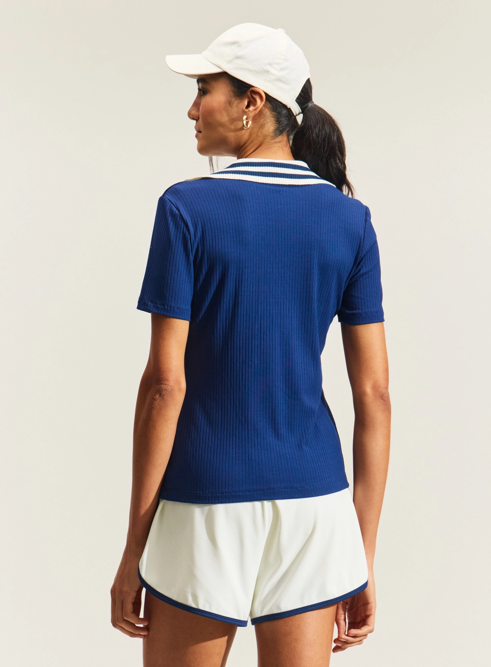 Blusa Feminina Canelada Com Gola Polo Azul