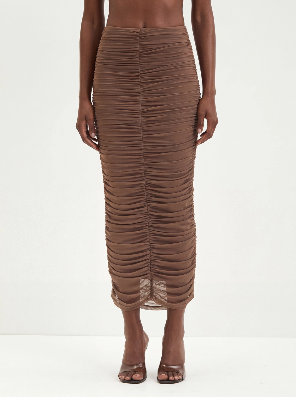 Saia Midi Em Tule Com Franzidos - Slim Marrom 1