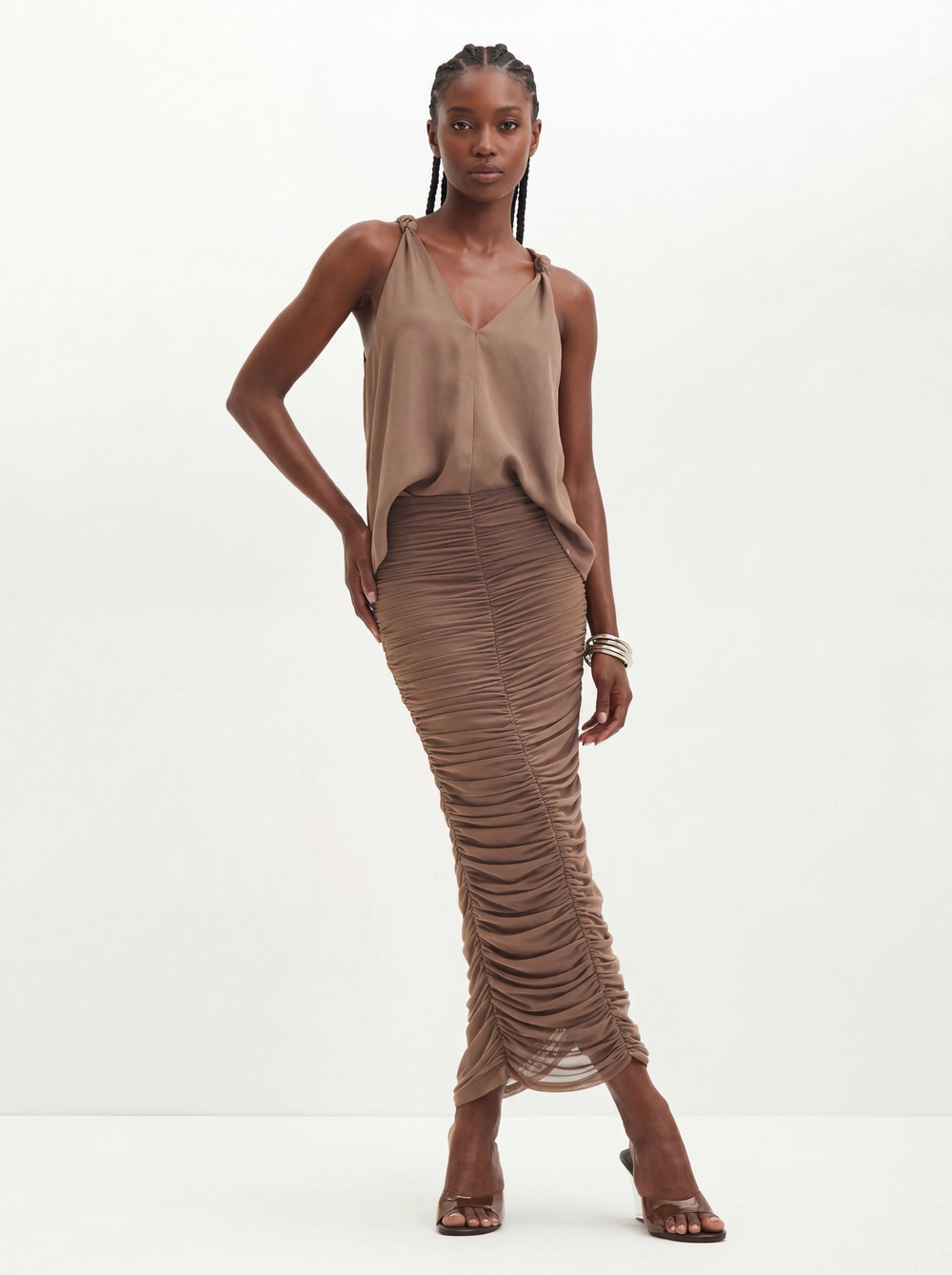 Saia Midi Em Tule Com Franzidos - Slim Marrom 3