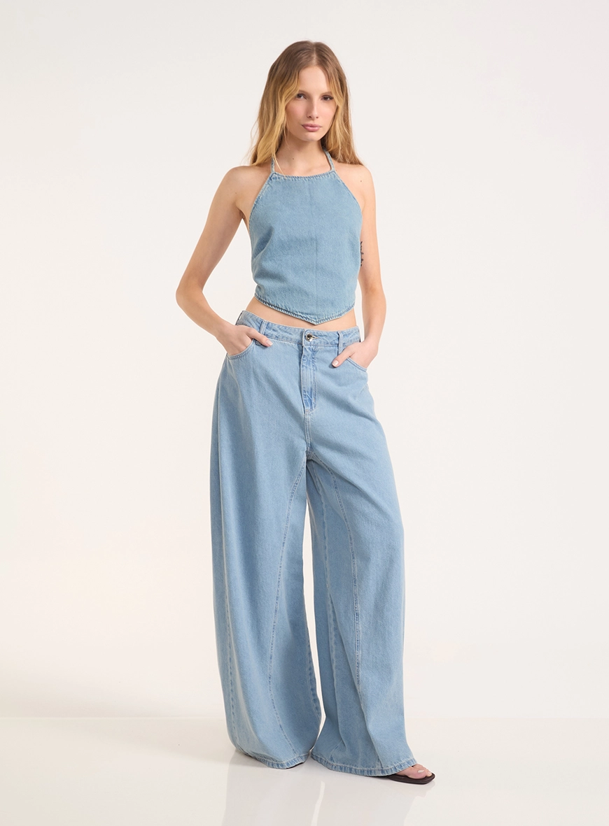 Blusa Jeans Justa Frente Única Com Barra Em Bico