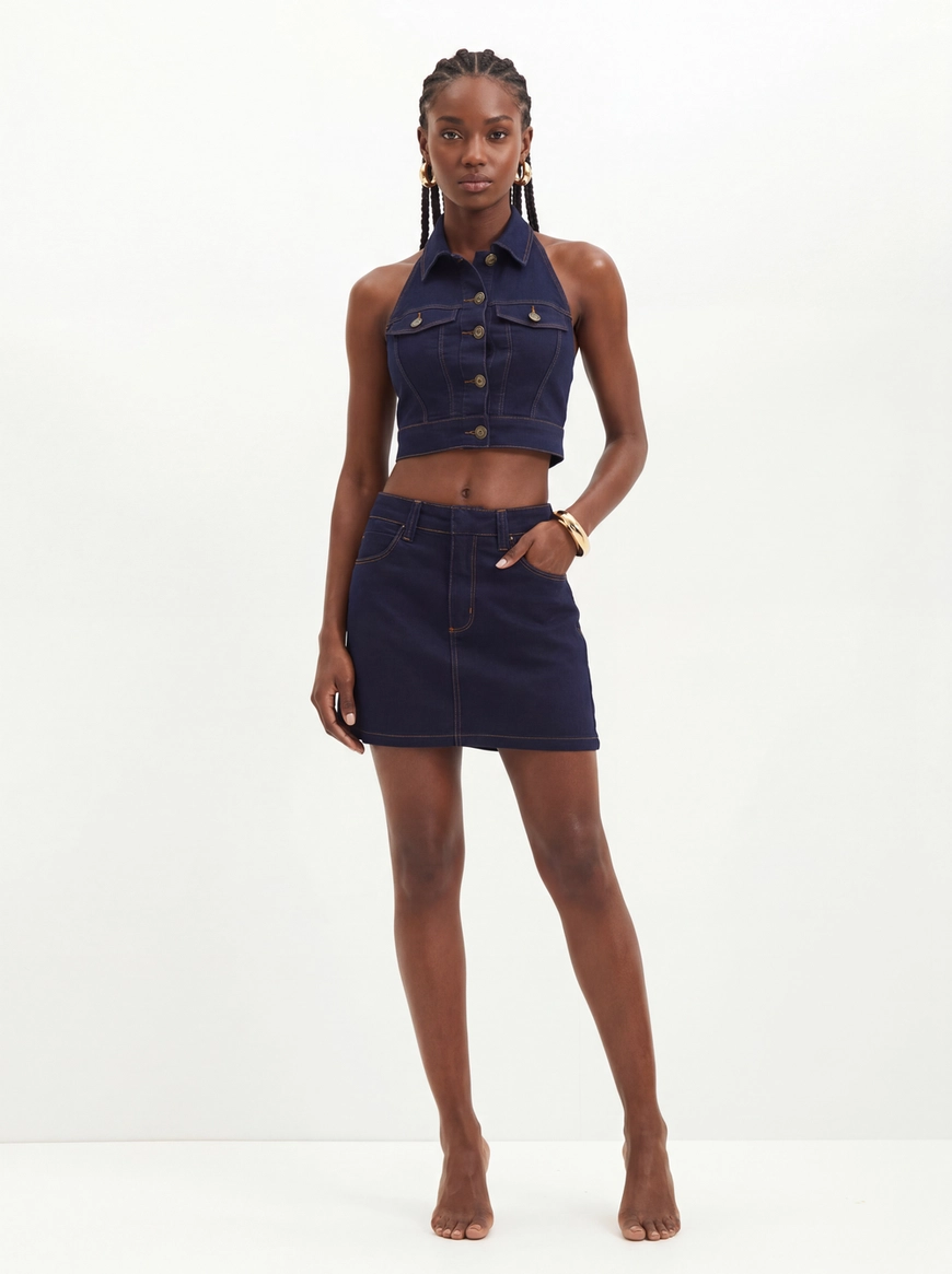 Saia Mini Jeans Com Lavanderia Escura - Laura Índigo 5