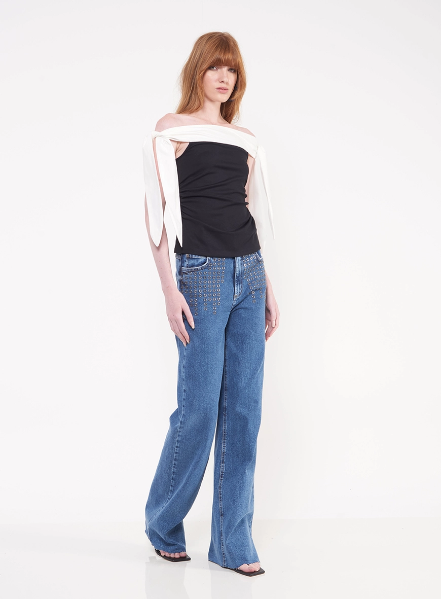 Blusa Bicolor Tie Shoulder Com Franzidos