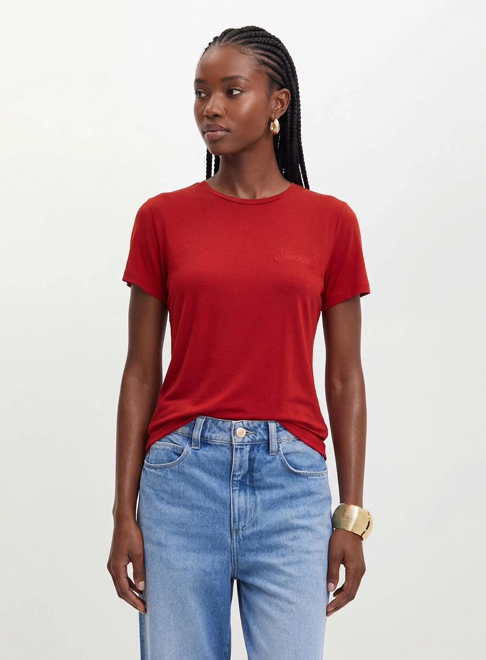 Camiseta Feminina Com Bordado - Slim Vermelho 1