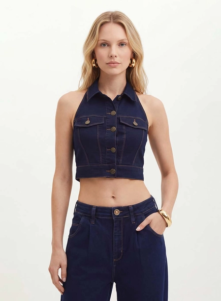 Blusa Feminina Jeans Com Botões Frontais - Slim