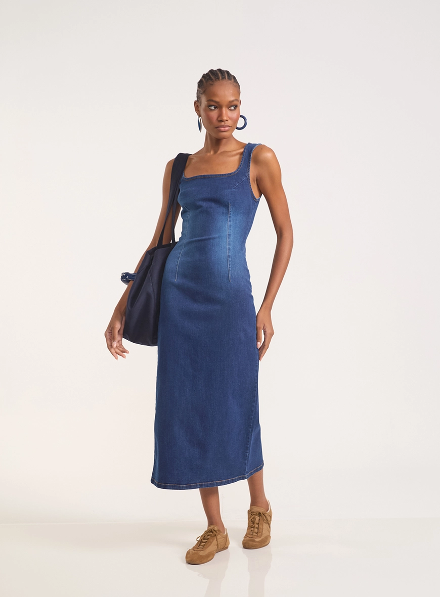 Vestido Midi Jeans Sculpt Com Fenda