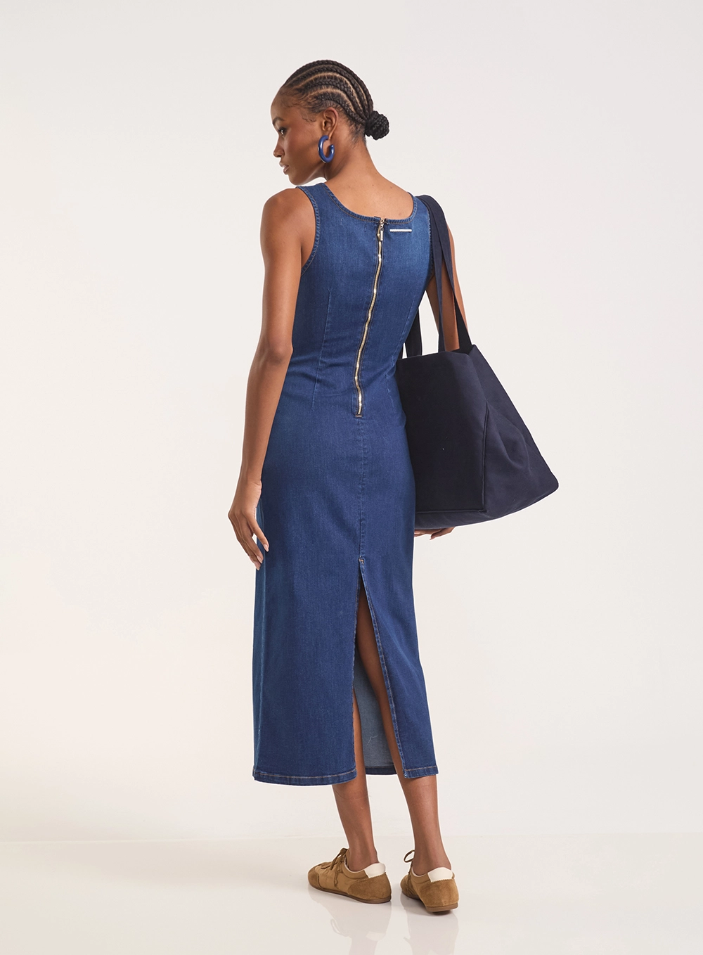 Vestido Midi Jeans Sculpt Com Fenda Índigo
