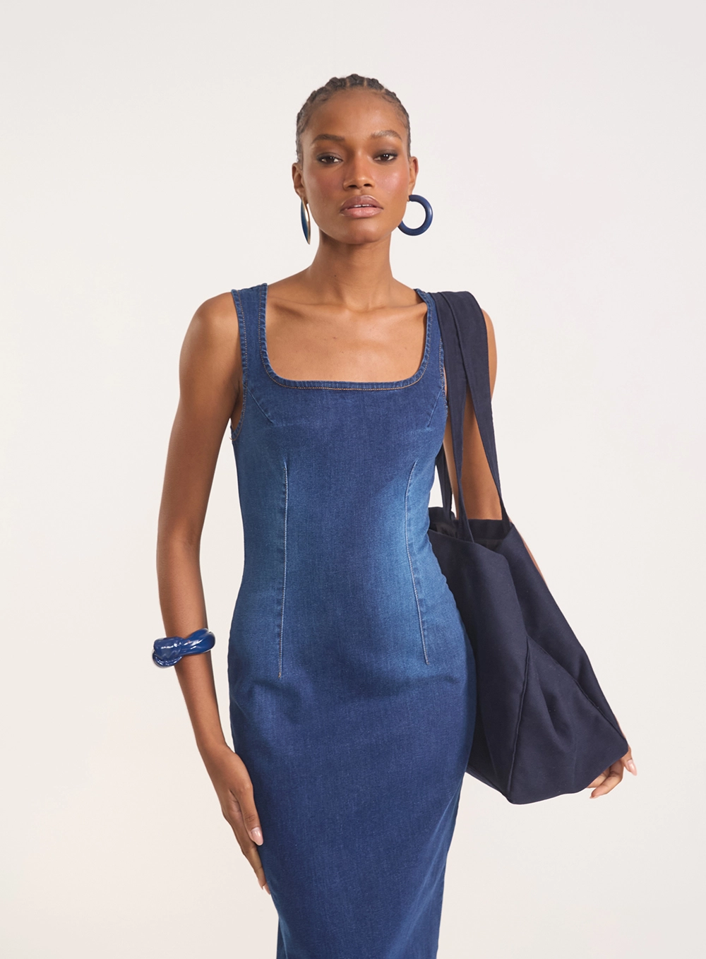 Vestido Midi Jeans Sculpt Com Fenda Índigo