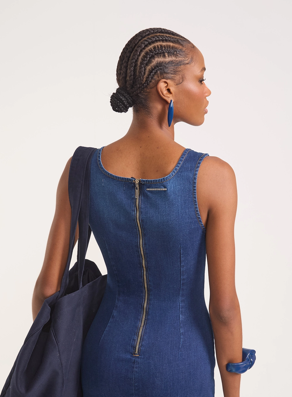 Vestido Midi Jeans Sculpt Com Fenda Índigo