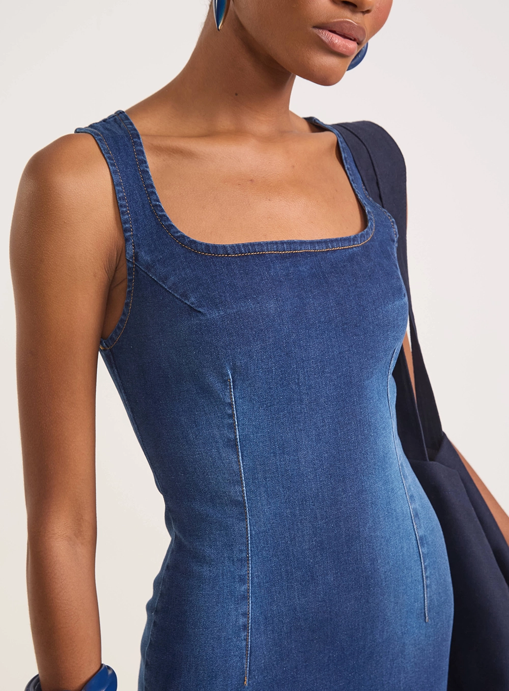 Vestido Midi Jeans Sculpt Com Fenda Índigo