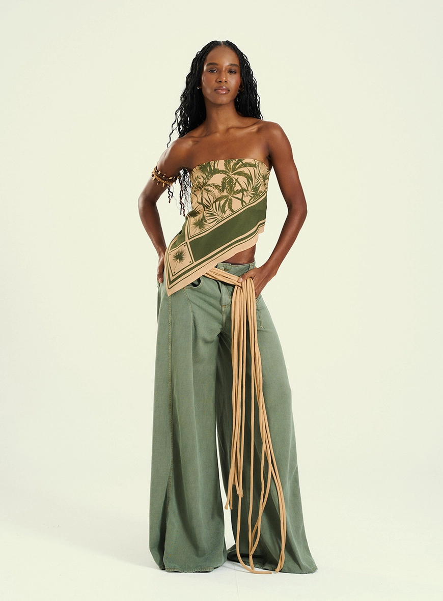 Calça Feminina Wide Leg Com Bolsos E Passantes Verde 2
