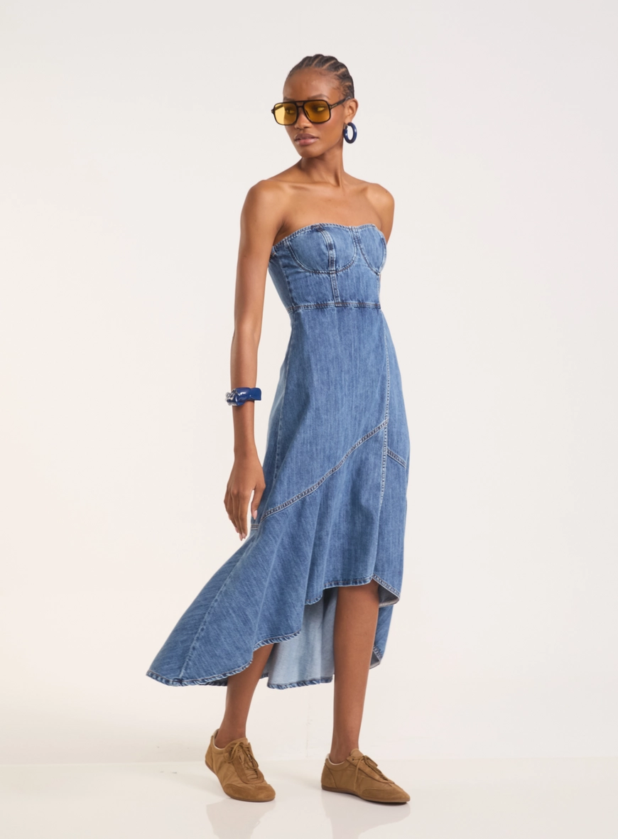 Vestido Jeans Midia Tomara Que Caia Asimétrico