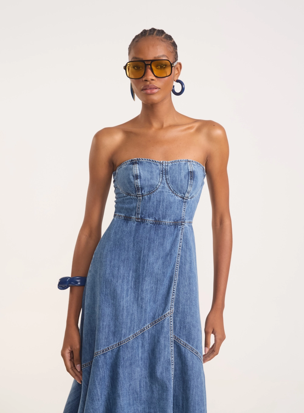 Vestido Jeans Midia Tomara Que Caia Asimétrico Índigo