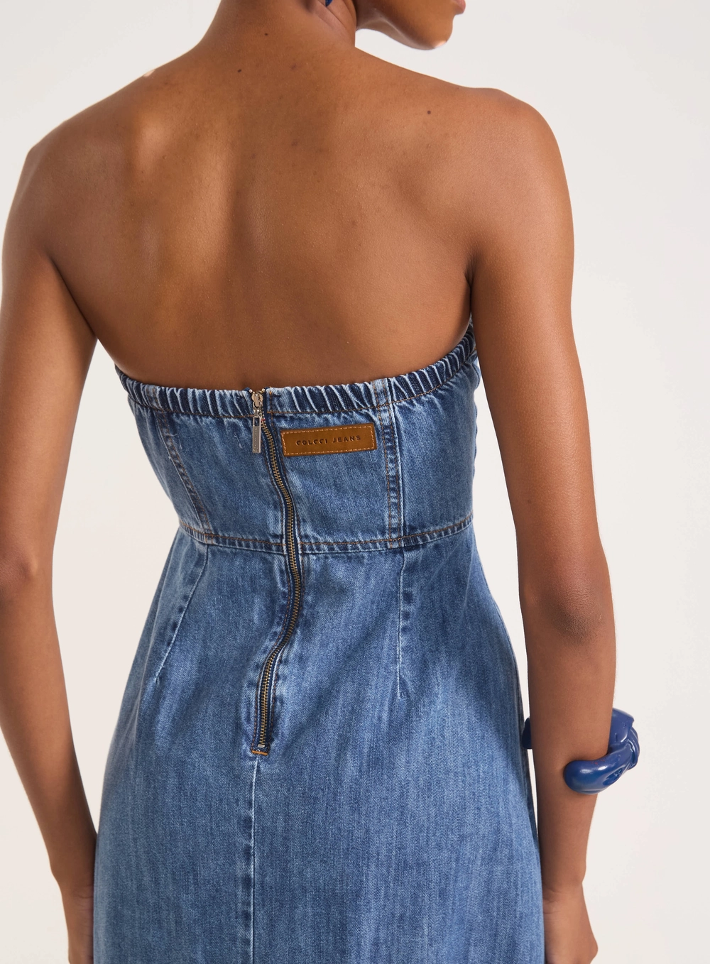 Vestido Jeans Midia Tomara Que Caia Asimétrico Índigo