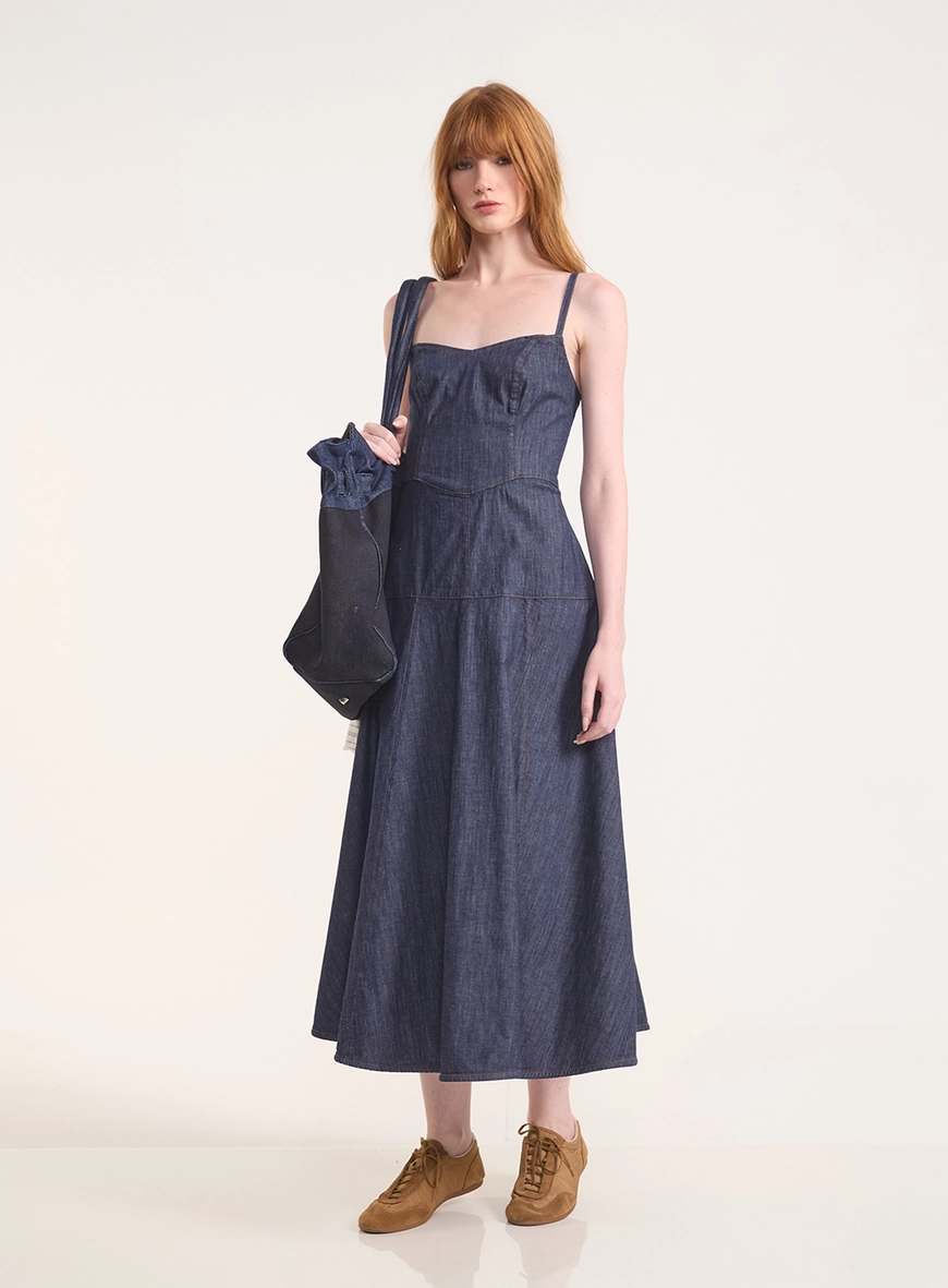 Vestido Jeans Com Alças Finas E Zíper