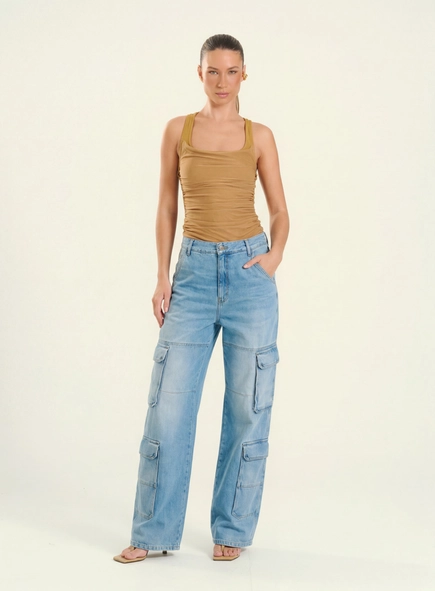 Calça Feminina Jeans Wide Leg Cargo