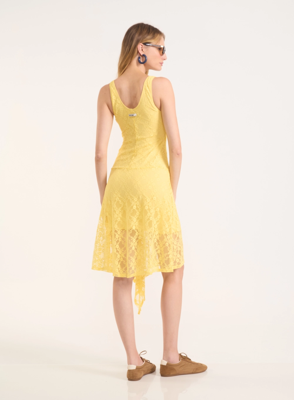 Vestido Midi Assimétrico Feminino Renda Amarelo