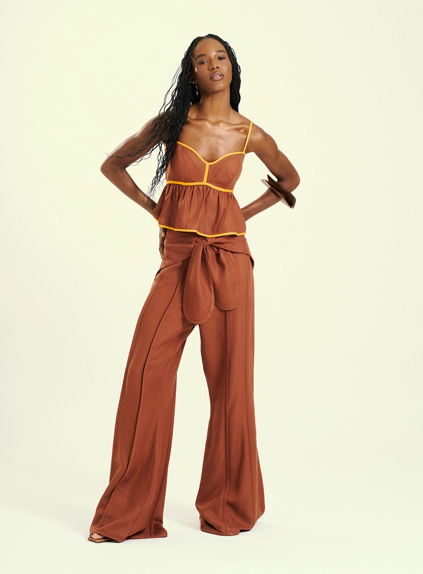 Calça Feminina Pantalona  Com Amarração Frontal Marrom 1