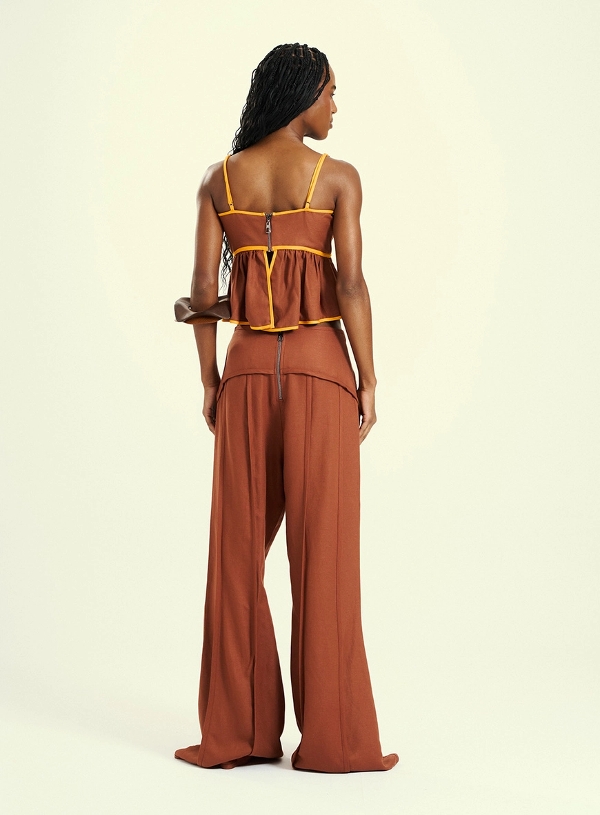 Calça Feminina Pantalona  Com Amarração Frontal Marrom 2