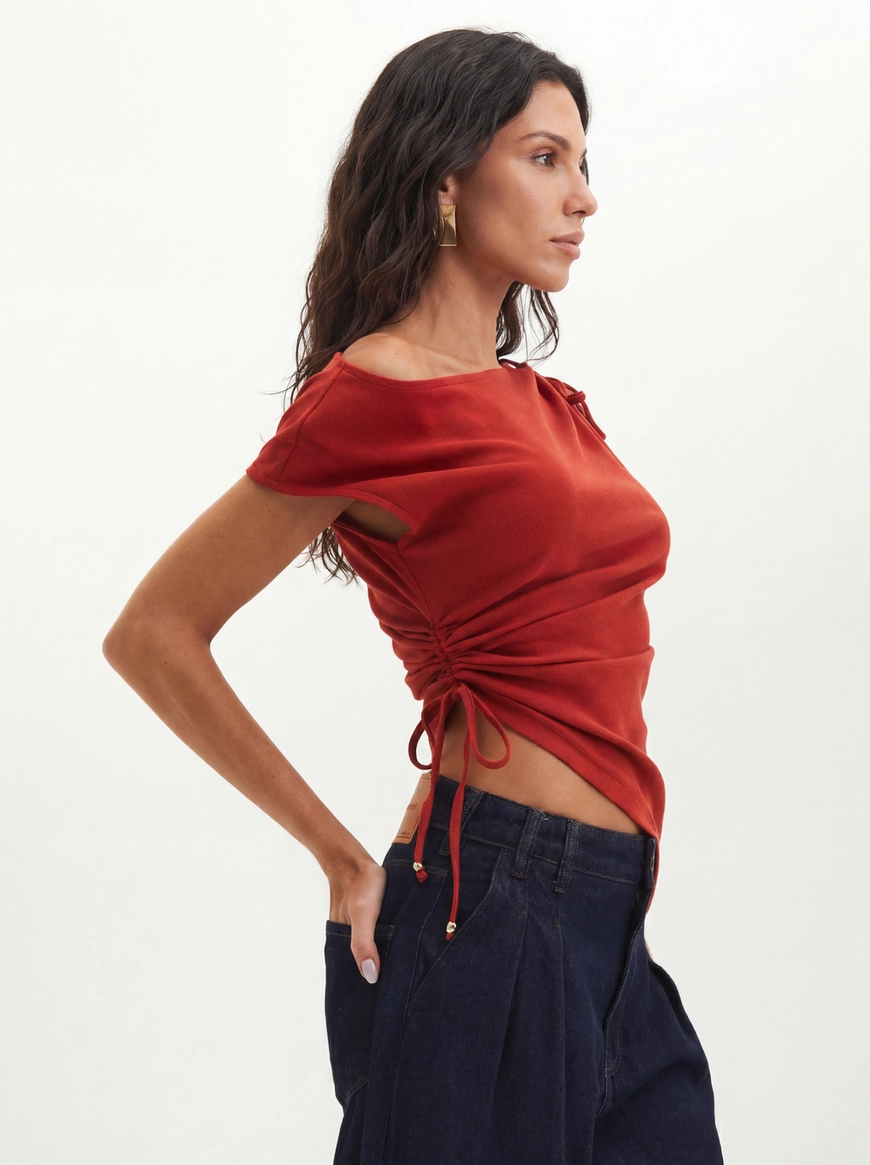 Blusa Feminina Com Franzido E Amarração - Slim Vermelho 4