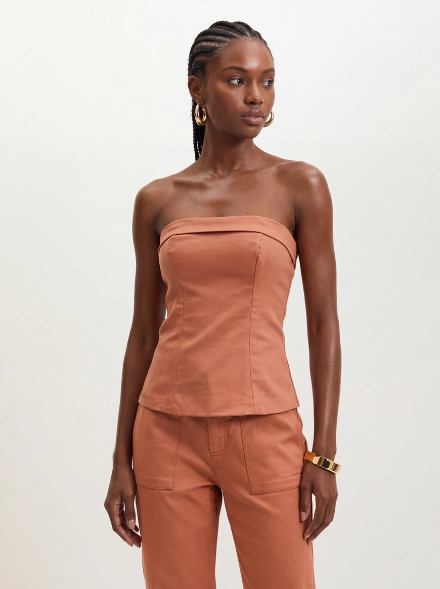 Blusa Feminina Tomara Que Caia Com Recortes - Slim Marrom 1