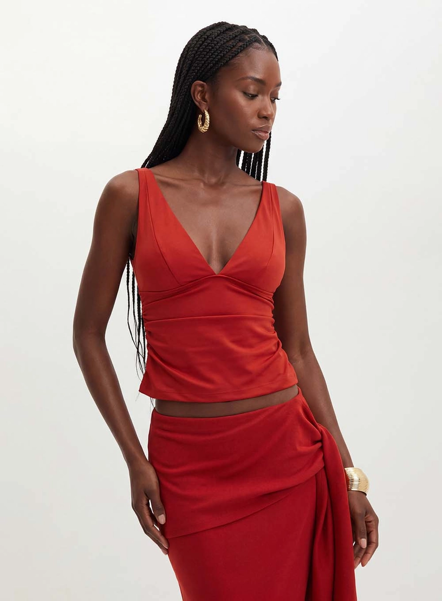 Blusa Feminina Decote V E Franzidos - Slim Vermelho 1