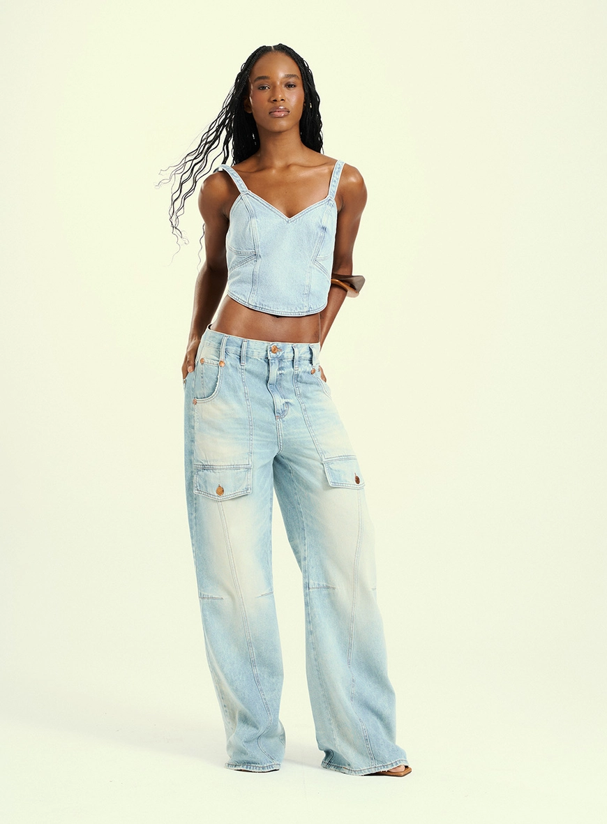 Calça Feminina Wide Leg Jeans Com Bolsos Cargo Índigo 1