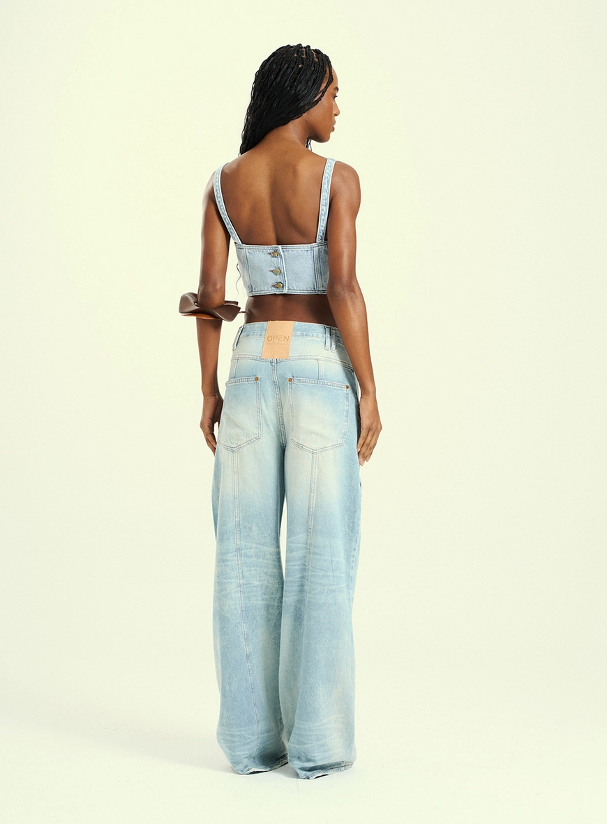Calça Feminina Wide Leg Jeans Com Bolsos Cargo Índigo 2