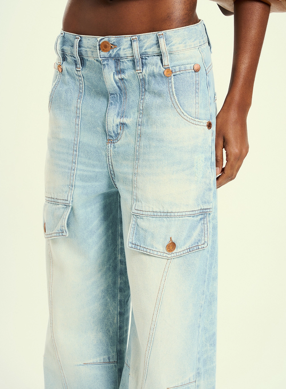 Calça Feminina Wide Leg Jeans Com Bolsos Cargo Índigo 3