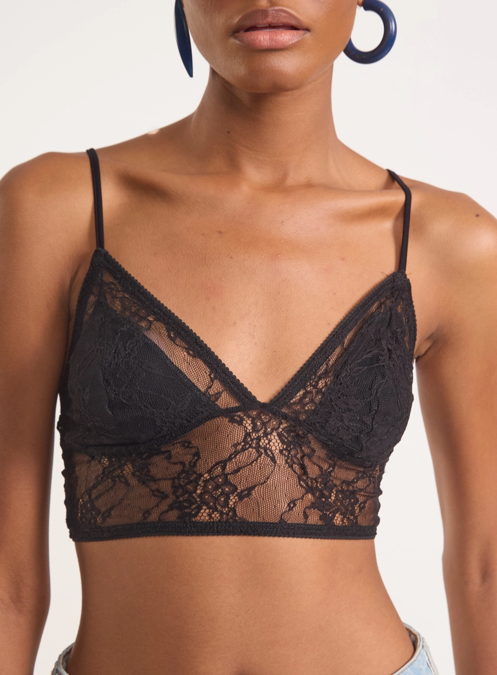 Top Lace Bralette Com Alças Finas Preto