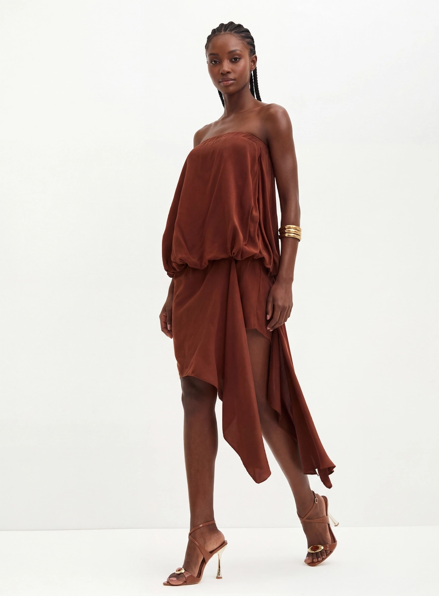 Vestido Curto Com Drapeado Lateral - Balonê Marrom 3