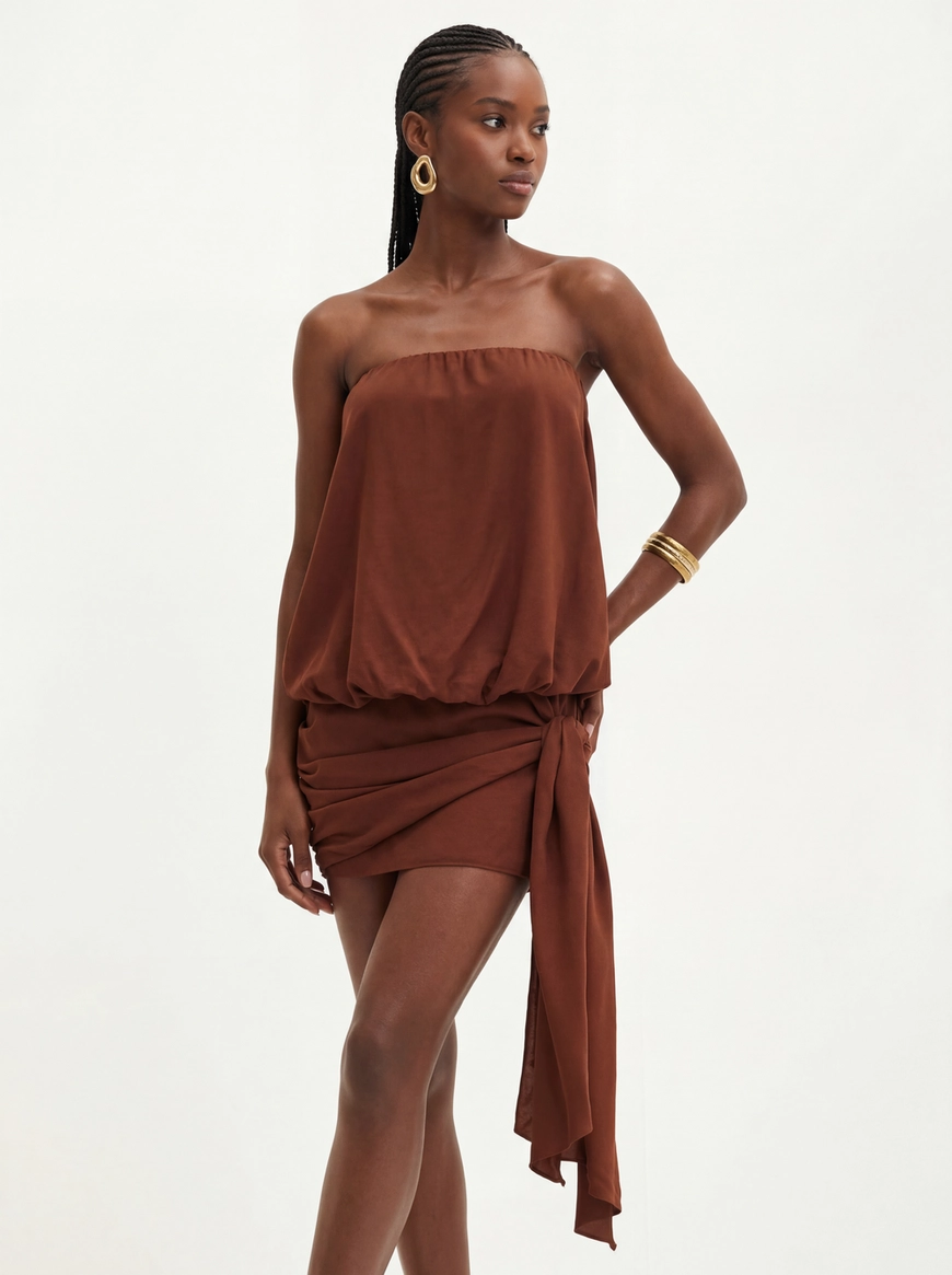 Vestido Curto Com Drapeado Lateral - Balonê Marrom 4