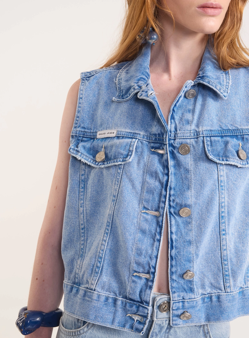 Colete Jeans Feminino Com Gola Índigo