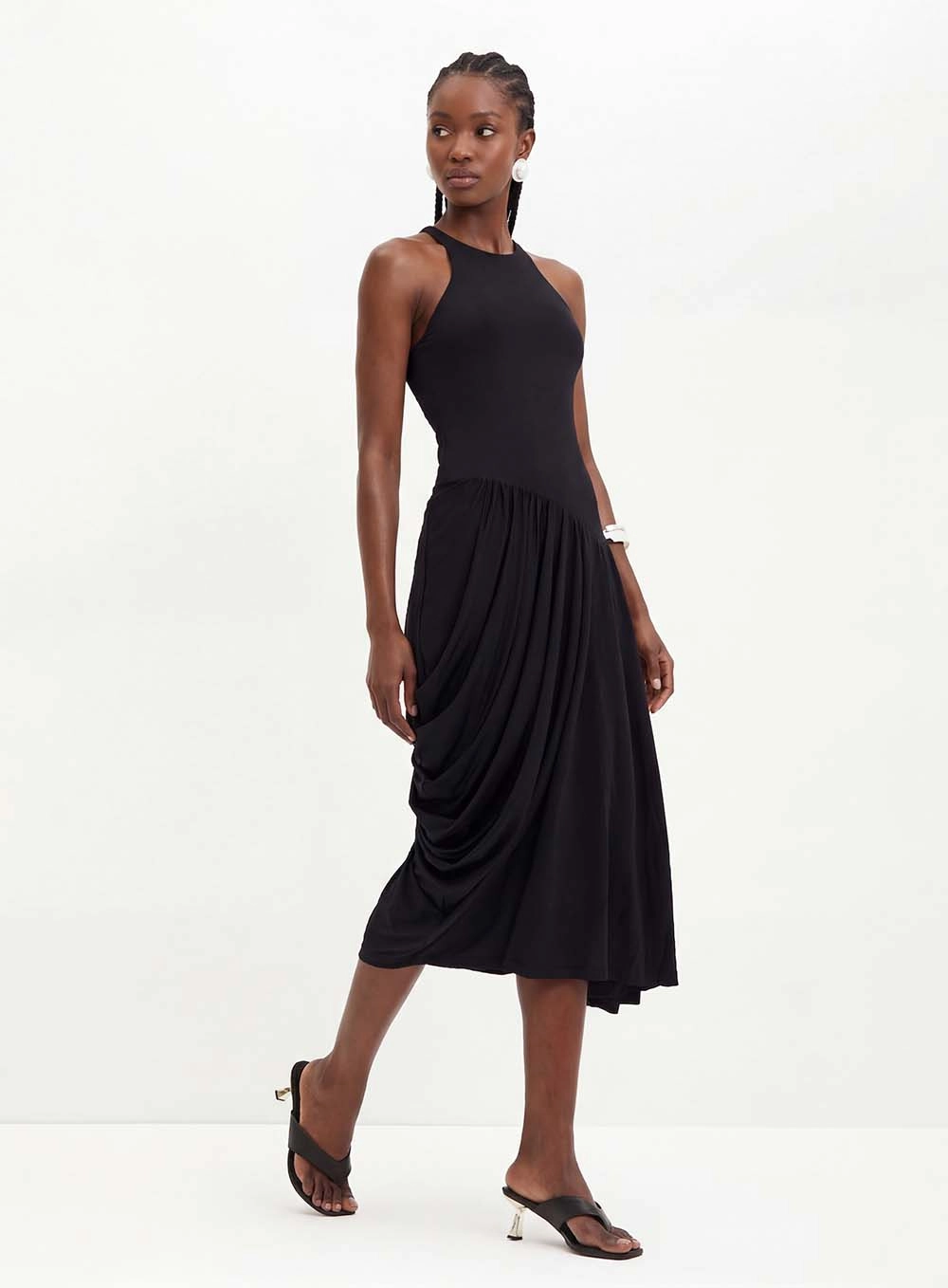 Vestido Midi Com Drapeado Assimétrico - Comfort Preto 3