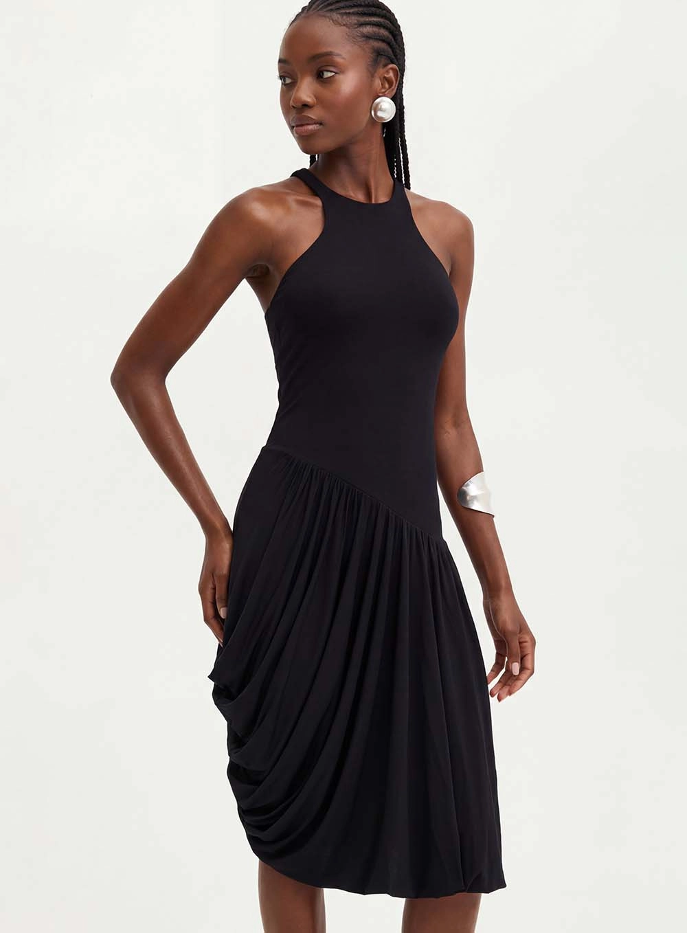 Vestido Midi Com Drapeado Assimétrico - Comfort Preto 4