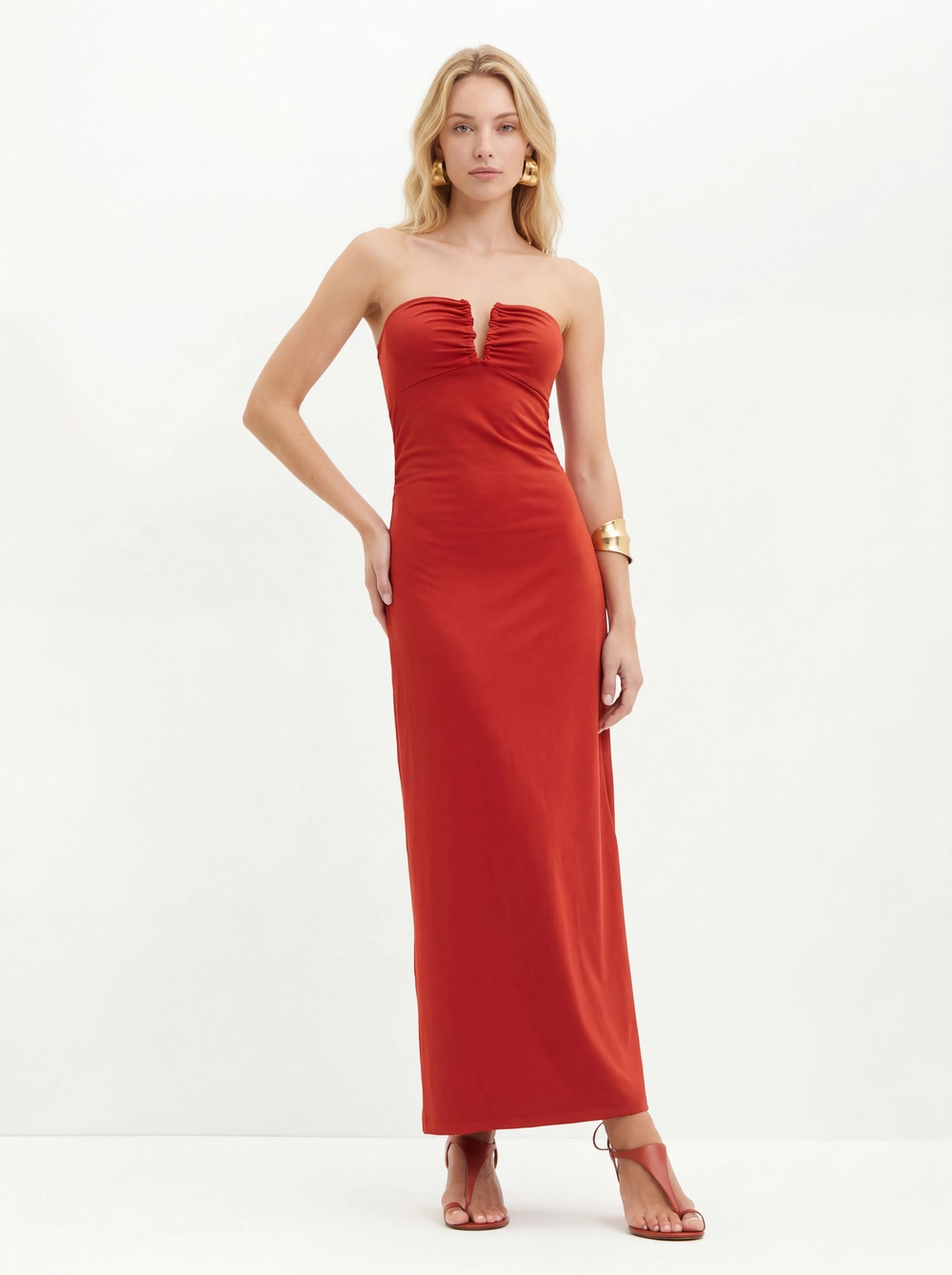 Vestido Longo Tomara Que Caia Com Franzidos - Slim Vermelho 3