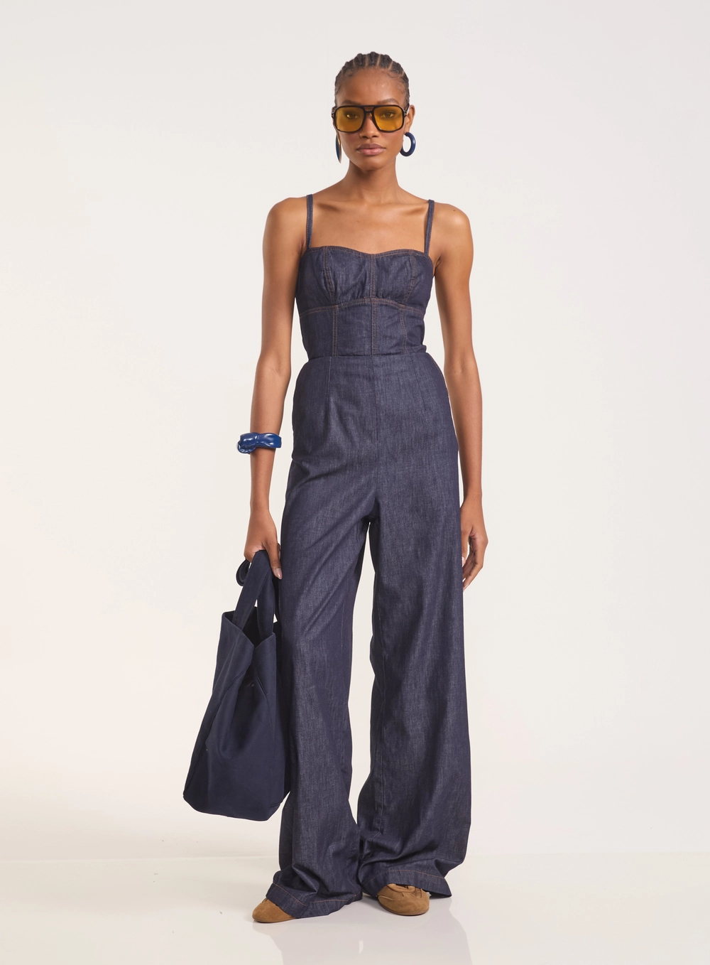Macacão Jeans Bustier Com Costas Vazadas Índigo