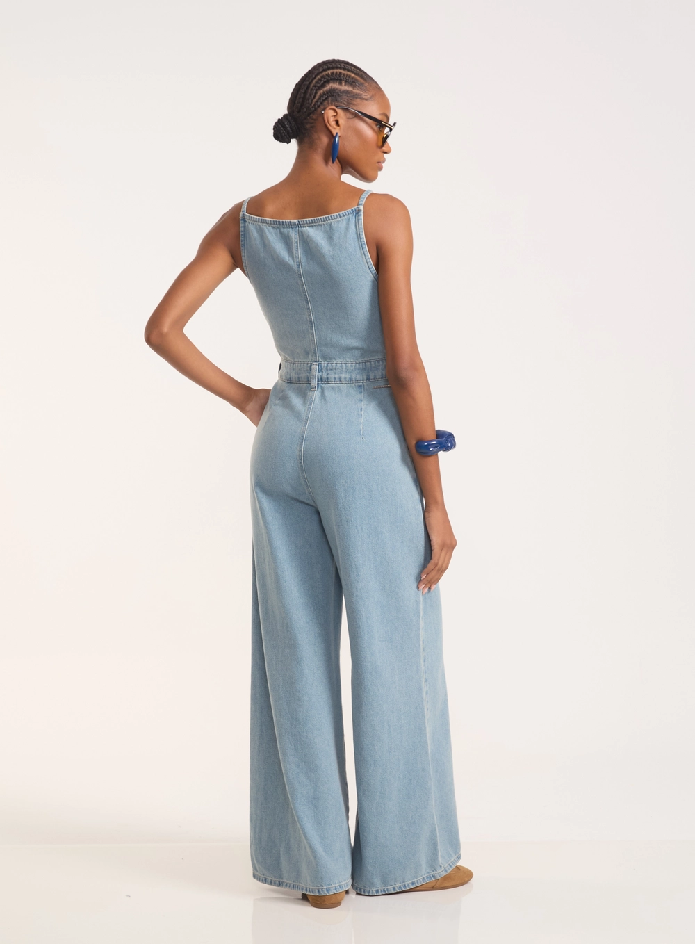 Macacão Jeans Wide Leg Com Botões E Alças Finas Índigo