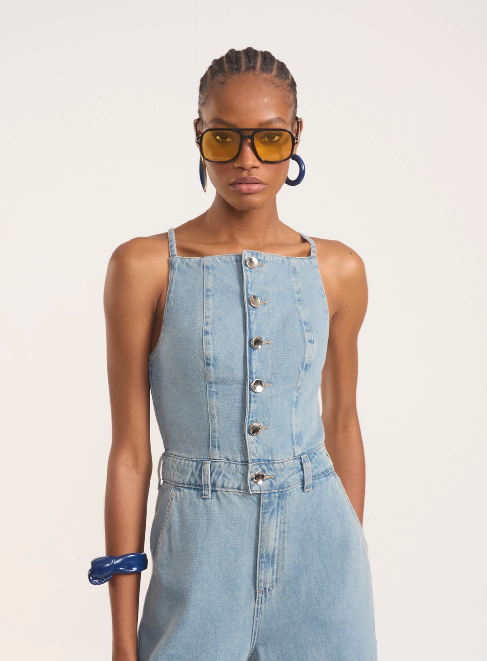 Macacão Jeans Wide Leg Com Botões E Alças Finas Índigo