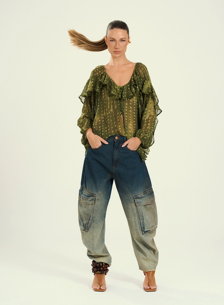 Calça Feminina Jeans Barrel  Efeito Smashed Azul 1