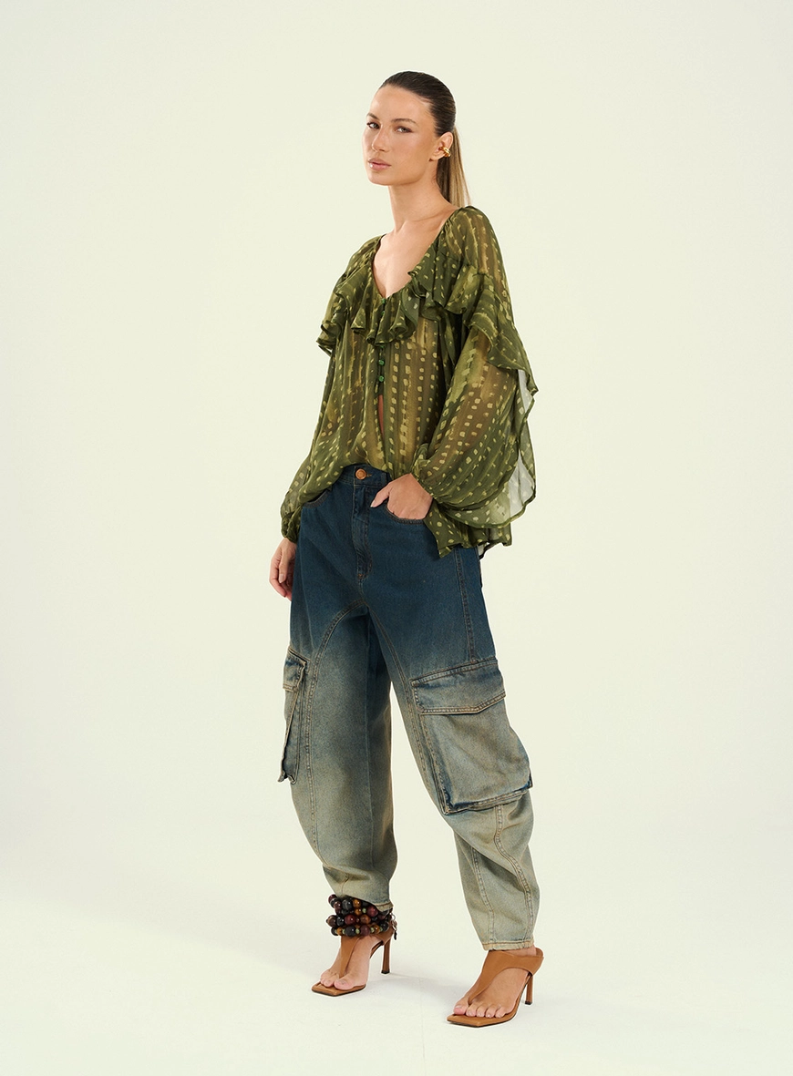 Calça Feminina Jeans Barrel  Efeito Smashed Azul 4