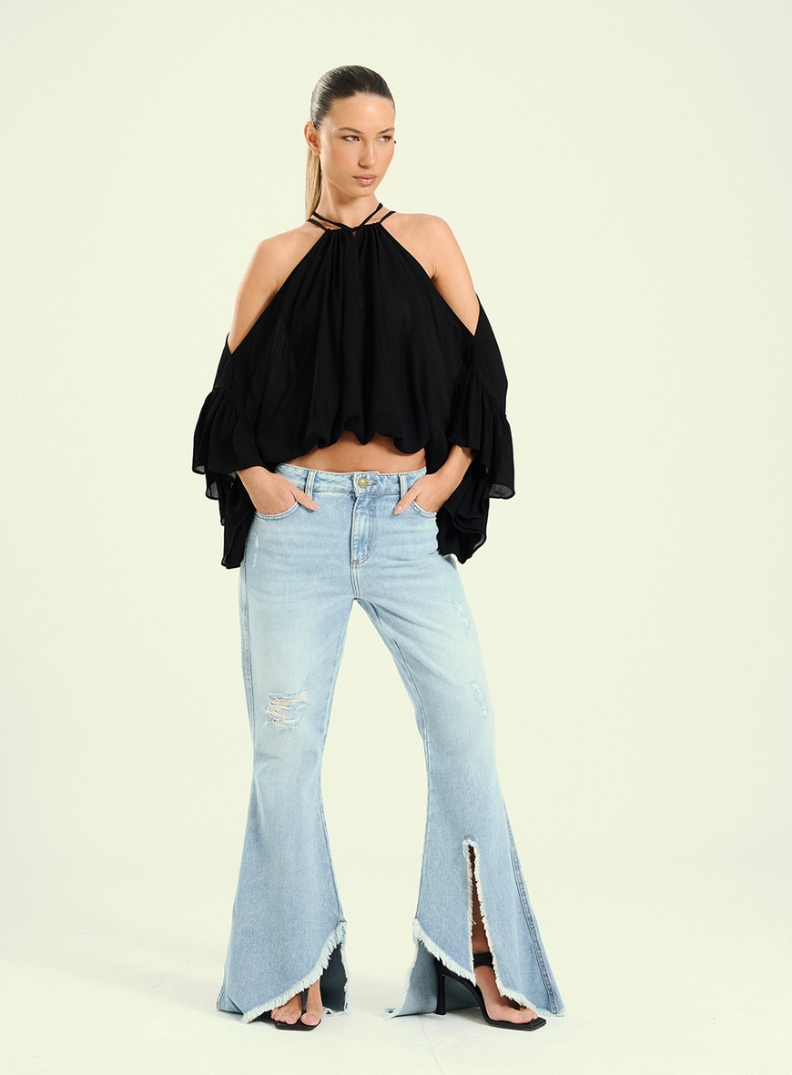 Calça Feminina Flare Jeans Com Barra Assimétrica Índigo 1