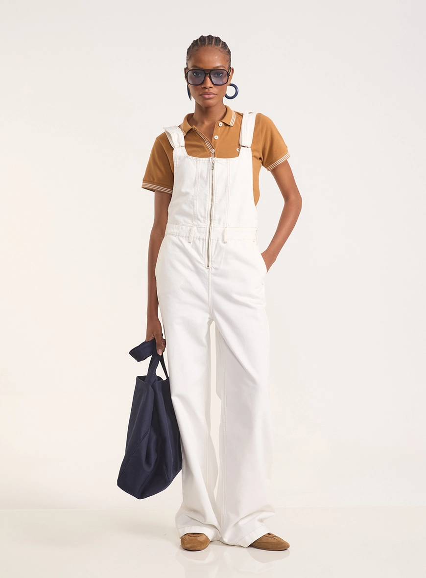 Jardineira Sarja Feminina Com Zíper E Bolsos