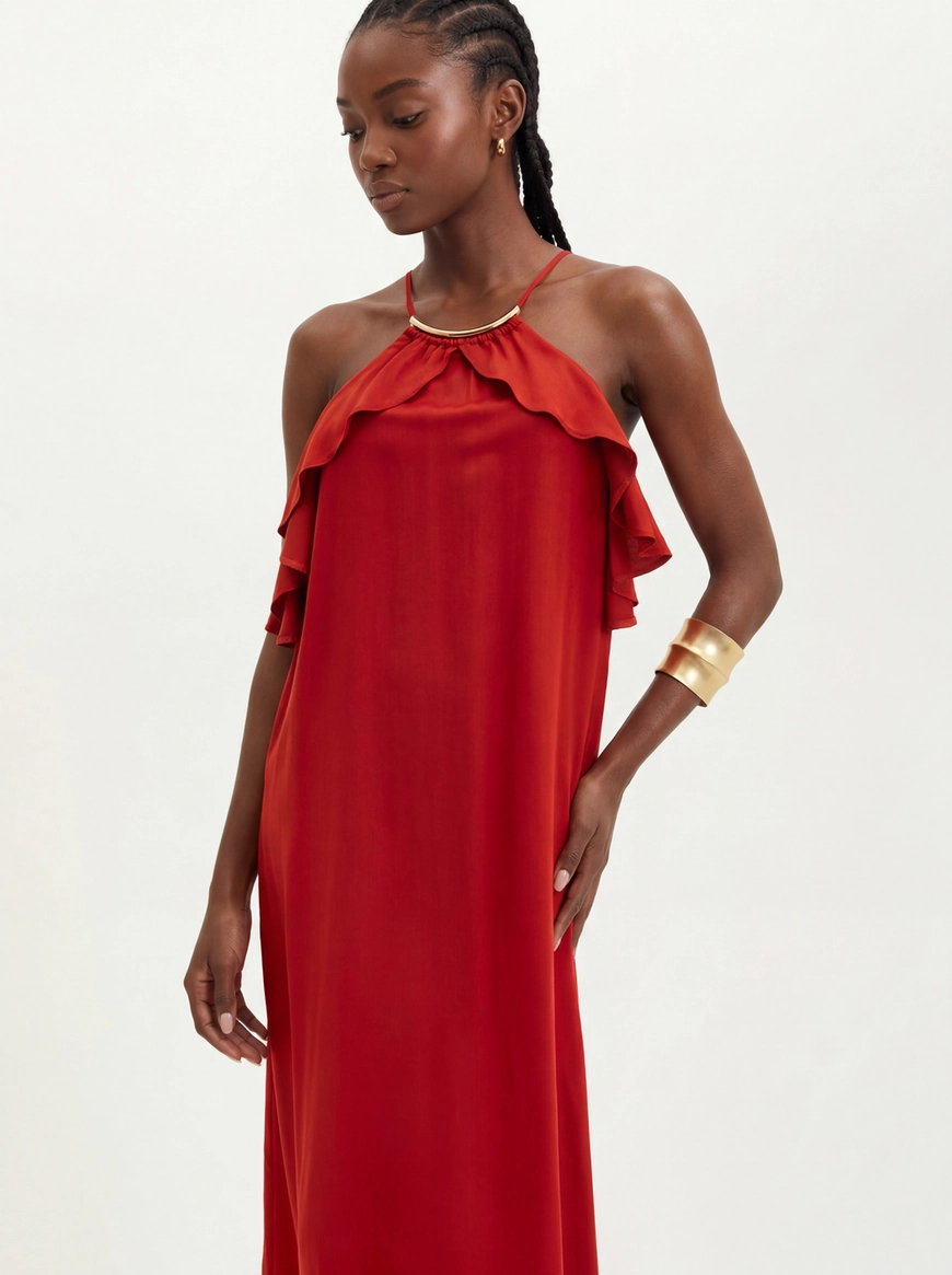 Vestido Longo Com Babados E Amarração - Evasê Vermelho 4
