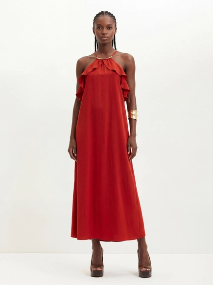 Vestido Longo Com Babados E Amarração - Evasê
