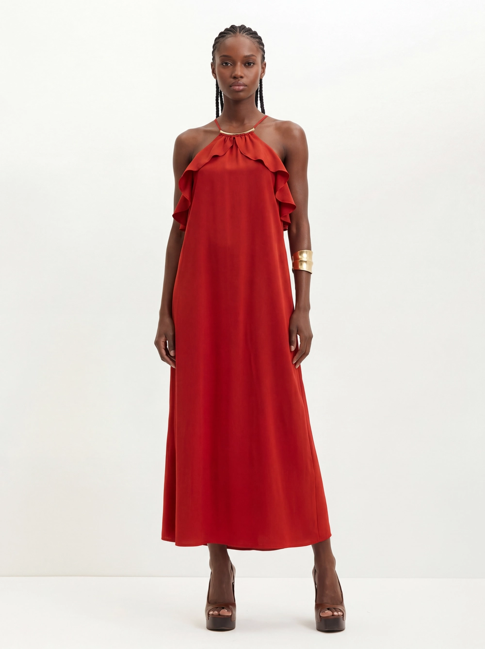 Vestido Longo Com Babados E Amarração - Evasê Vermelho 1