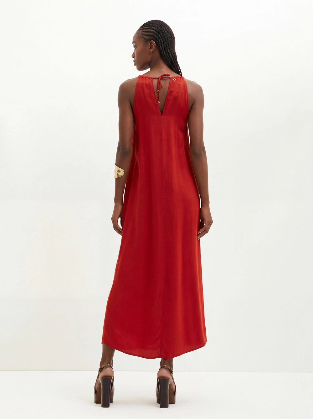 Vestido Longo Com Babados E Amarração - Evasê Vermelho 2