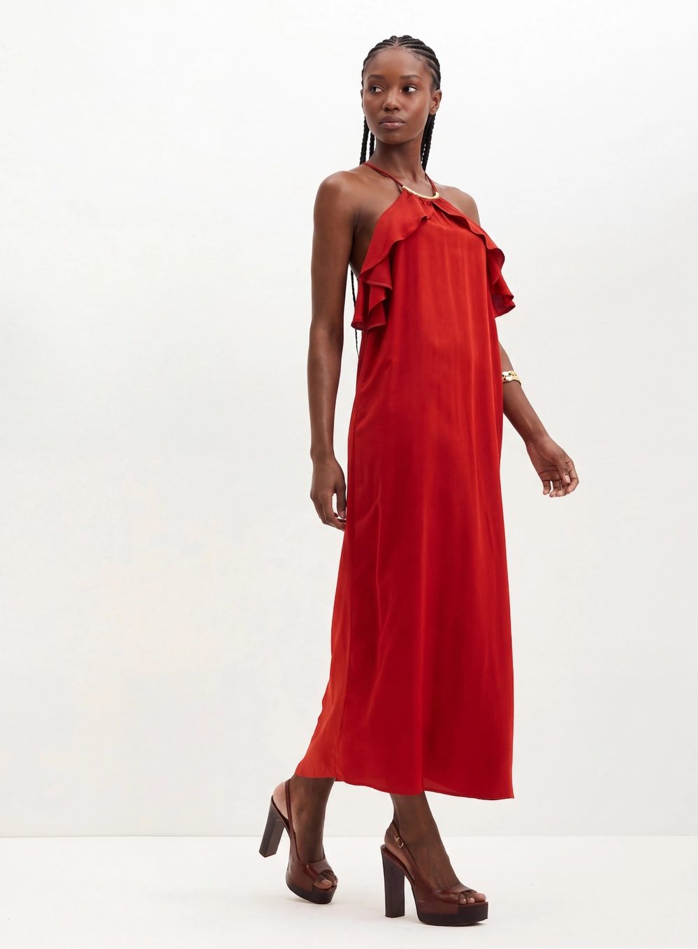 Vestido Longo Com Babados E Amarração - Evasê Vermelho 3