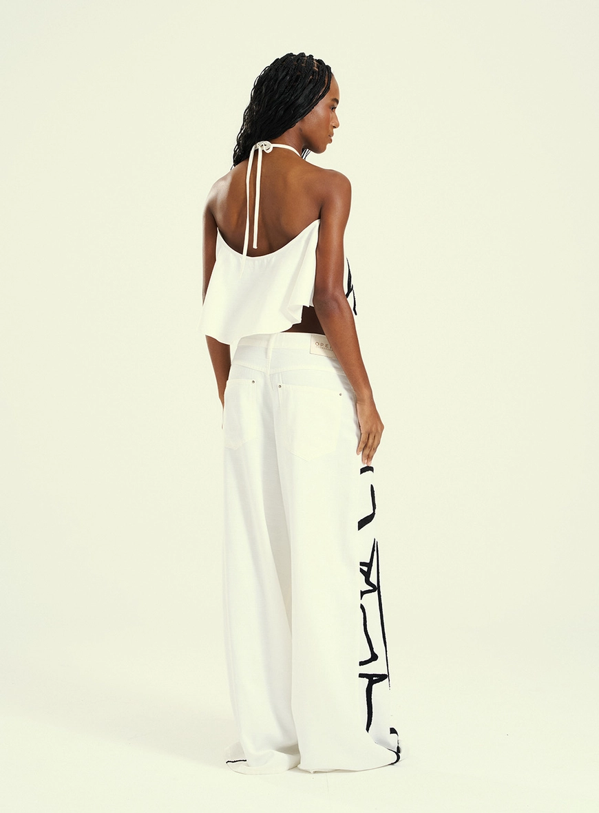 Calça Feminina Pantalona Com Grafismos Orgânicos Branco 2