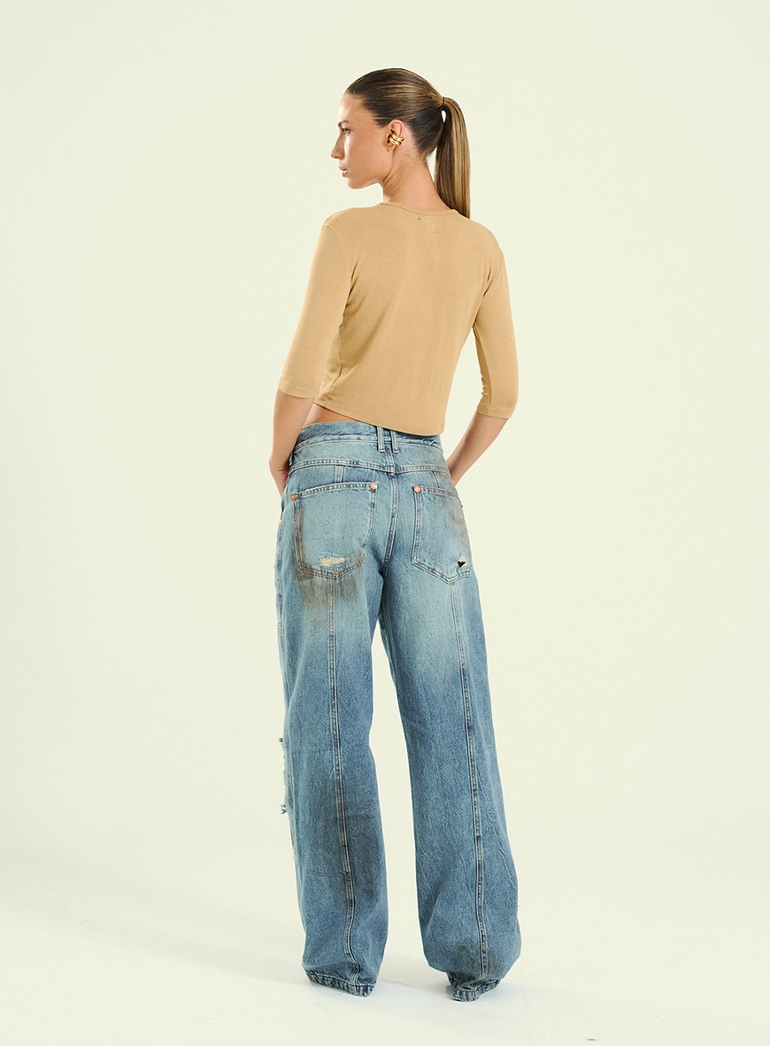 Calça Feminina Wide Leg Jeans Desconstruída Índigo 2