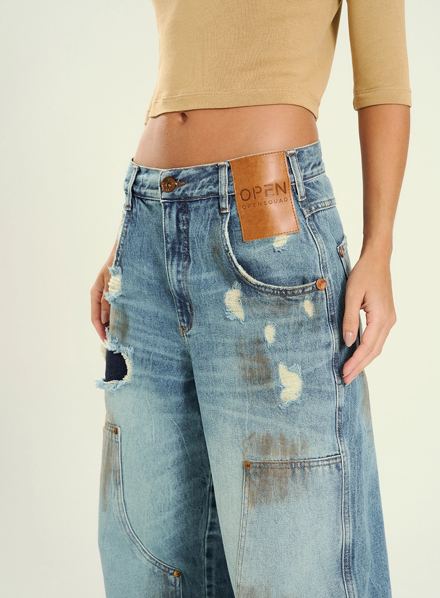 Calça Feminina Wide Leg Jeans Desconstruída Índigo 3